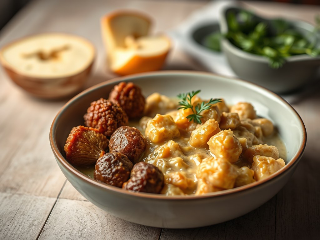 Feestelijke kalfsblanquette met zomertruffel en seizoensgroenten, AI-gegenereerde illustratie