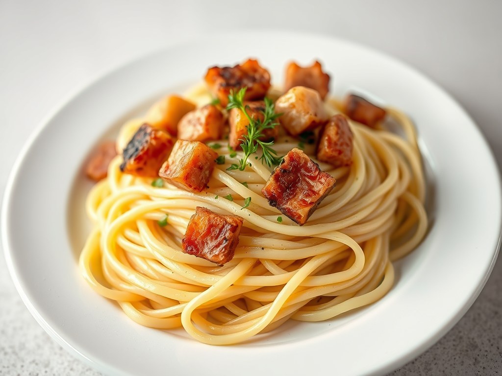 Fettuccine met witloof en spekblokjes, AI-gegenereerde illustratie
