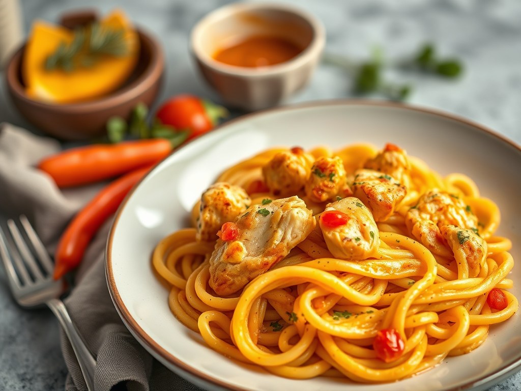 Fettucine met kip in milde kerriesaus, AI-gegenereerde illustratie