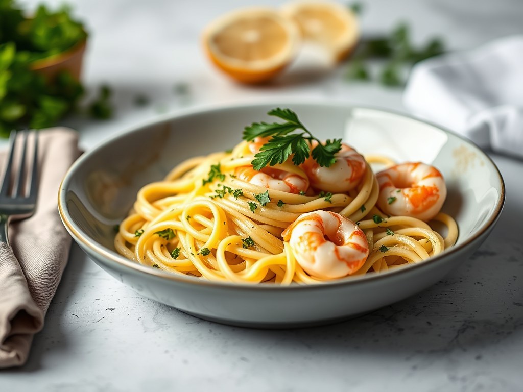 Fijne tagliatelle met langoustines, selder en saffraan, AI-gegenereerde illustratie