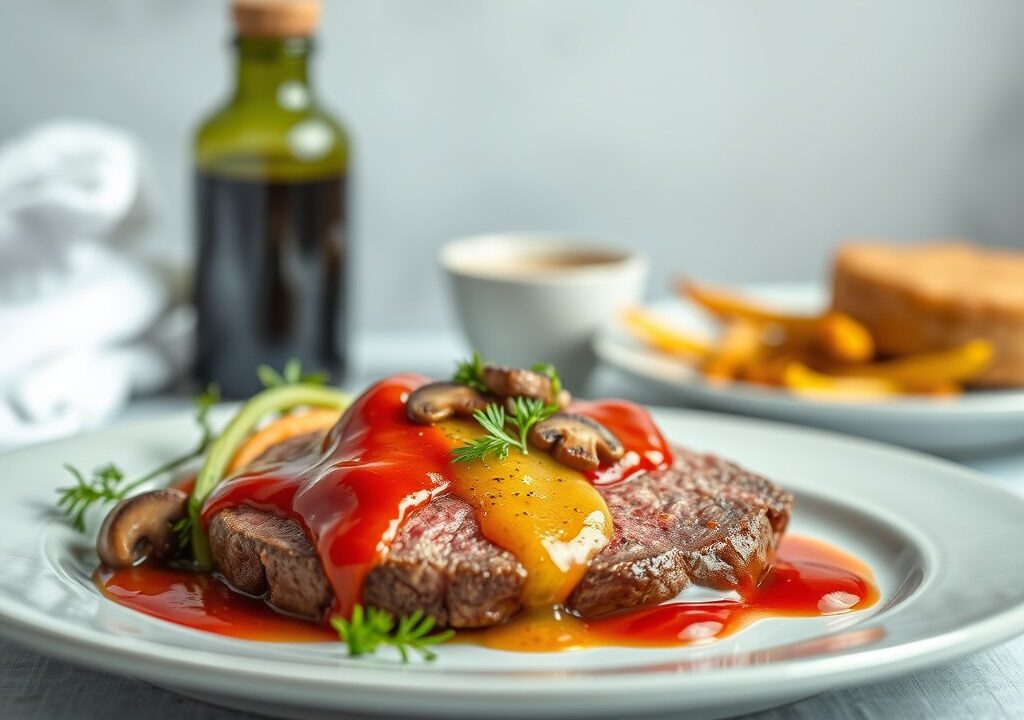 Filet american van Streefkerks rundvlees met piccalillyijs, tapenade van champignons en mosterdsaus — AI-gegenereerde illustratie