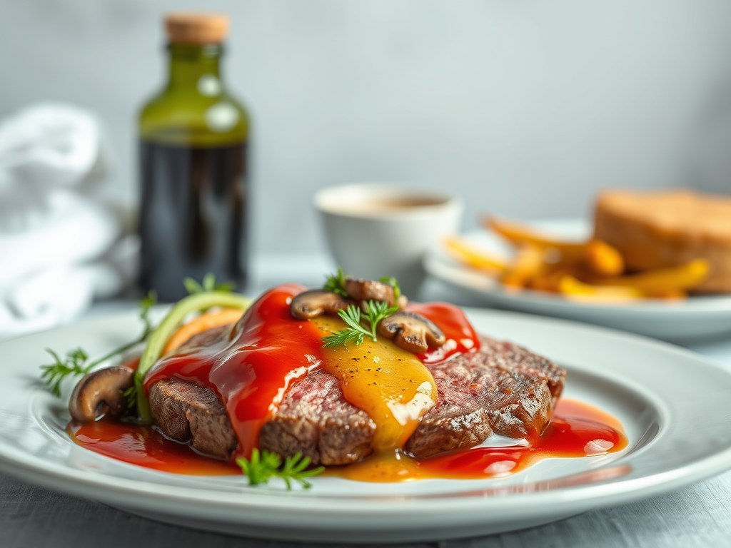 Filet american van Streefkerks rundvlees met piccalillyijs, tapenade van champignons en mosterdsaus, AI-gegenereerde illustratie