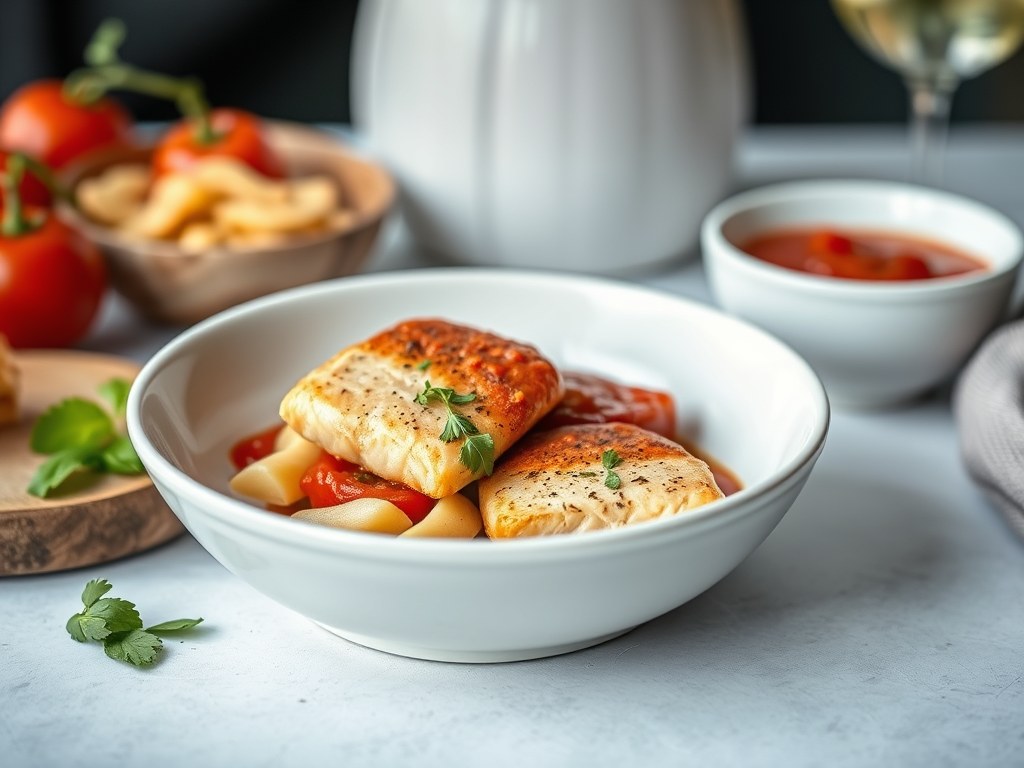 Filets in rode pestosaus, AI-gegenereerde illustratie