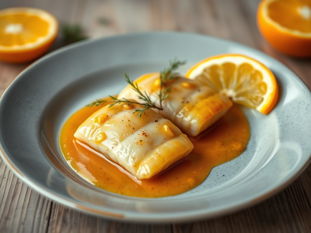 Filets van zeebarbeel met sinaasappelsaus, AI-gegenereerde illustratie