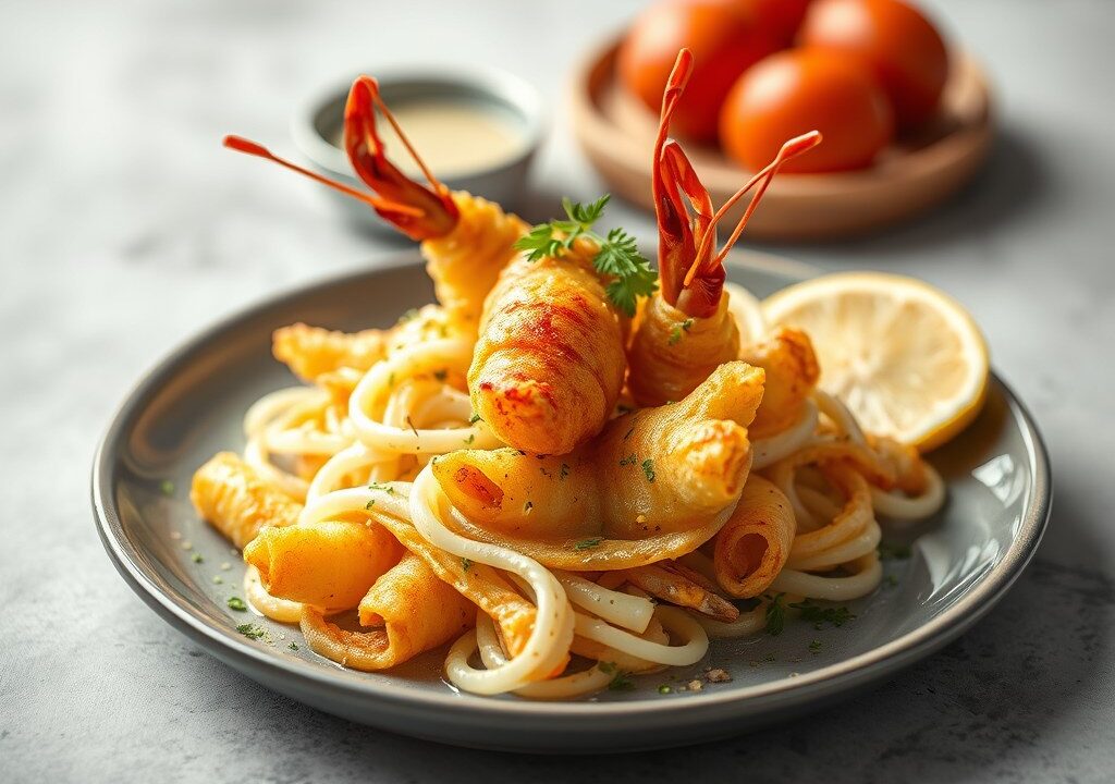 Filodeeghapje met asperges en scampi’s, AI-gegenereerde illustratie