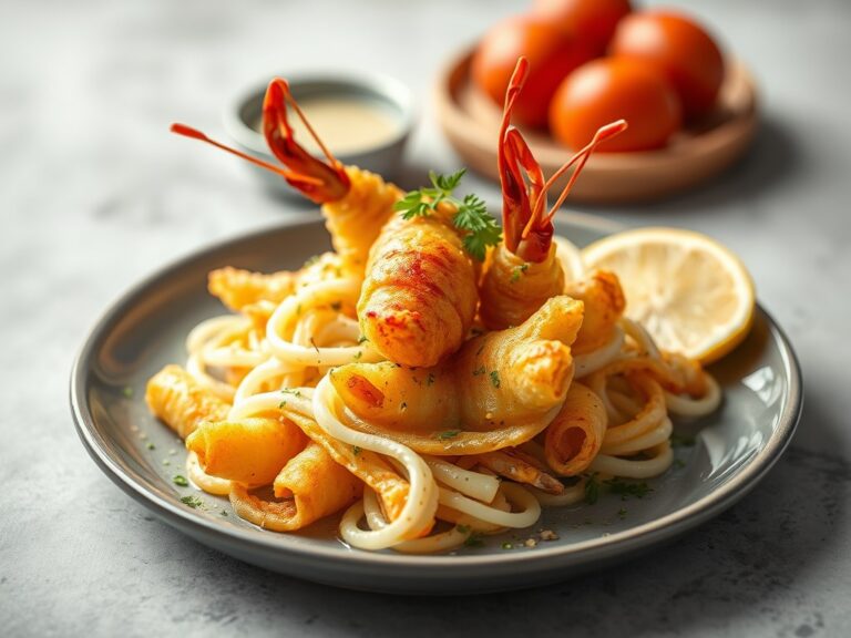 Filodeeghapje met asperges en scampi’s — AI-gegenereerde illustratie