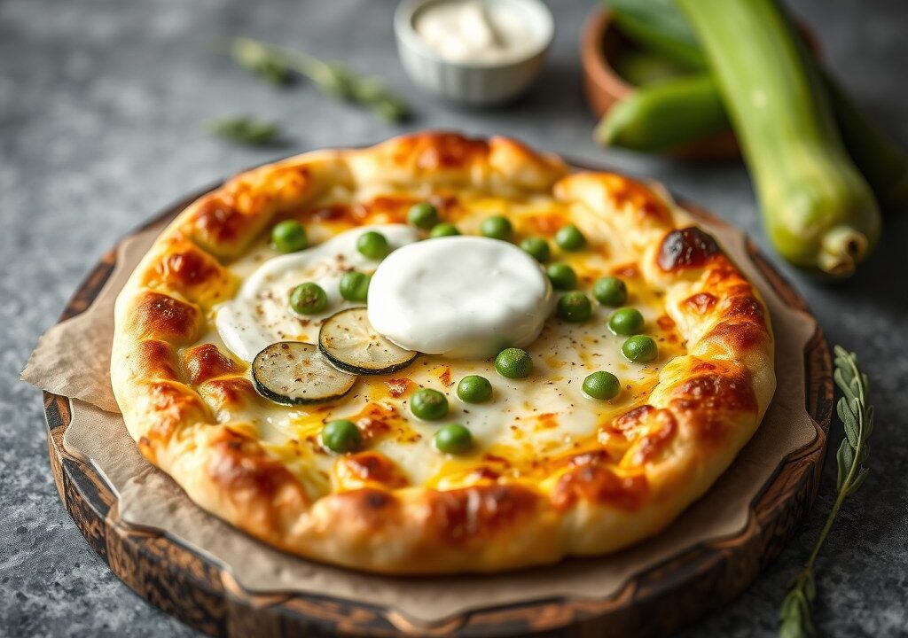 Flammkuchen met courgette en tuinerwten, AI-gegenereerde illustratie