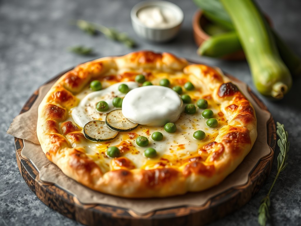 Flammkuchen met courgette en tuinerwten, AI-gegenereerde illustratie