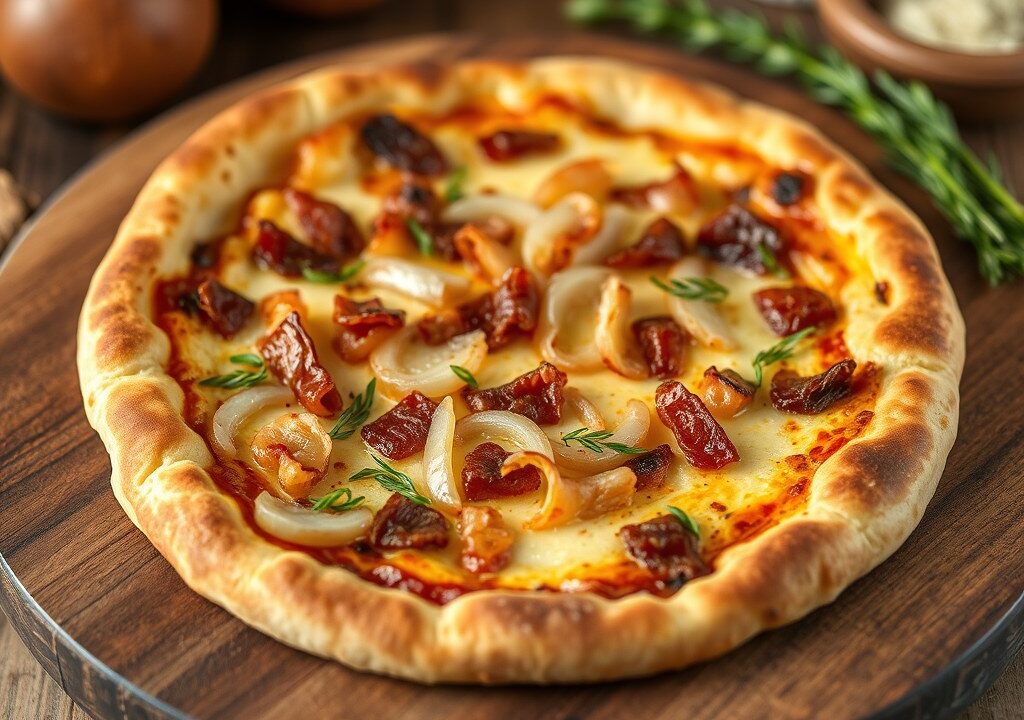 Flammkuchen met ui en spekjes — AI-gegenereerde illustratie
