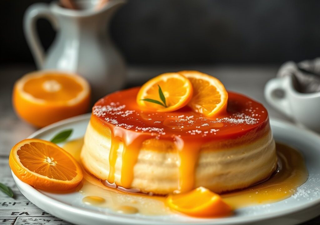Flan met clementines en gember, AI-gegenereerde illustratie