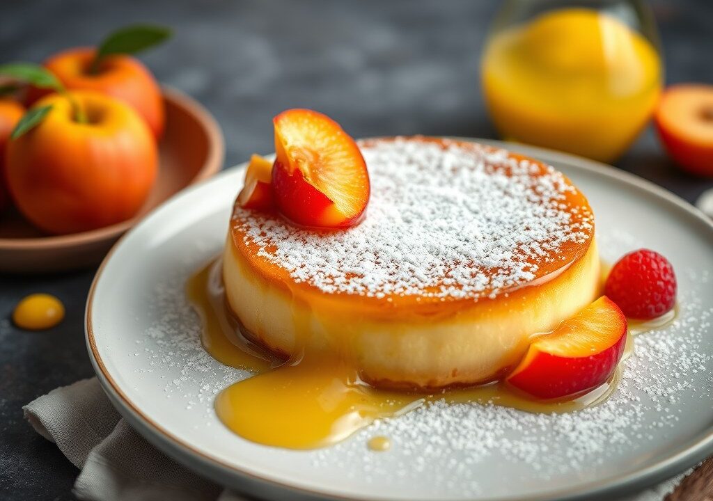 Flan met nectarines gepocheerd in limoncello — AI-gegenereerde illustratie