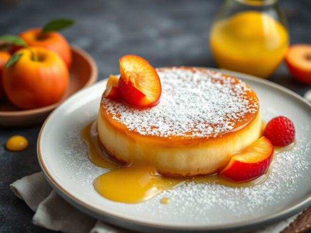Flan met nectarines gepocheerd in limoncello — AI-gegenereerde illustratie