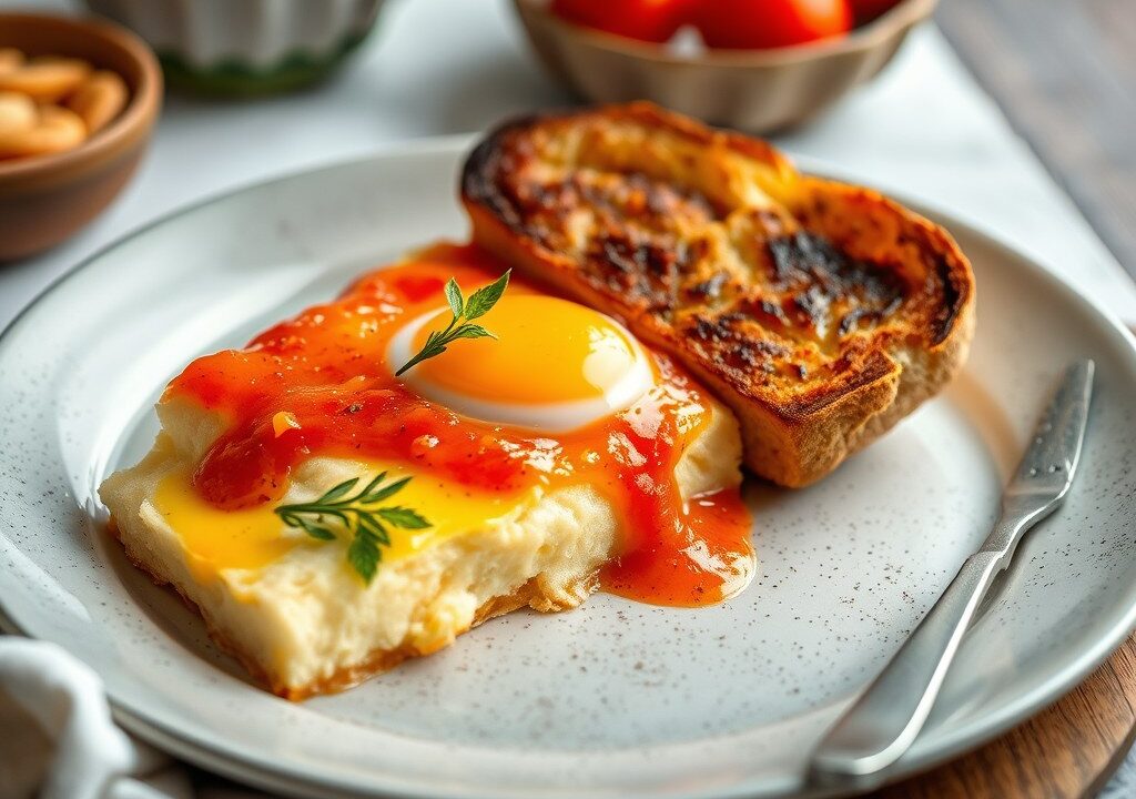 Flan van ricotta-Parmezaan en paprikasalsa met geroosterd brood — AI-gegenereerde illustratie