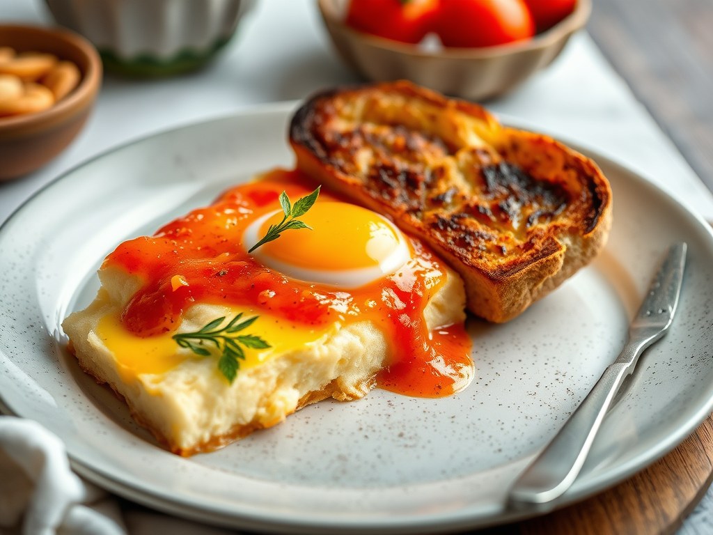 Flan van ricotta-Parmezaan en paprikasalsa met geroosterd brood, AI-gegenereerde illustratie