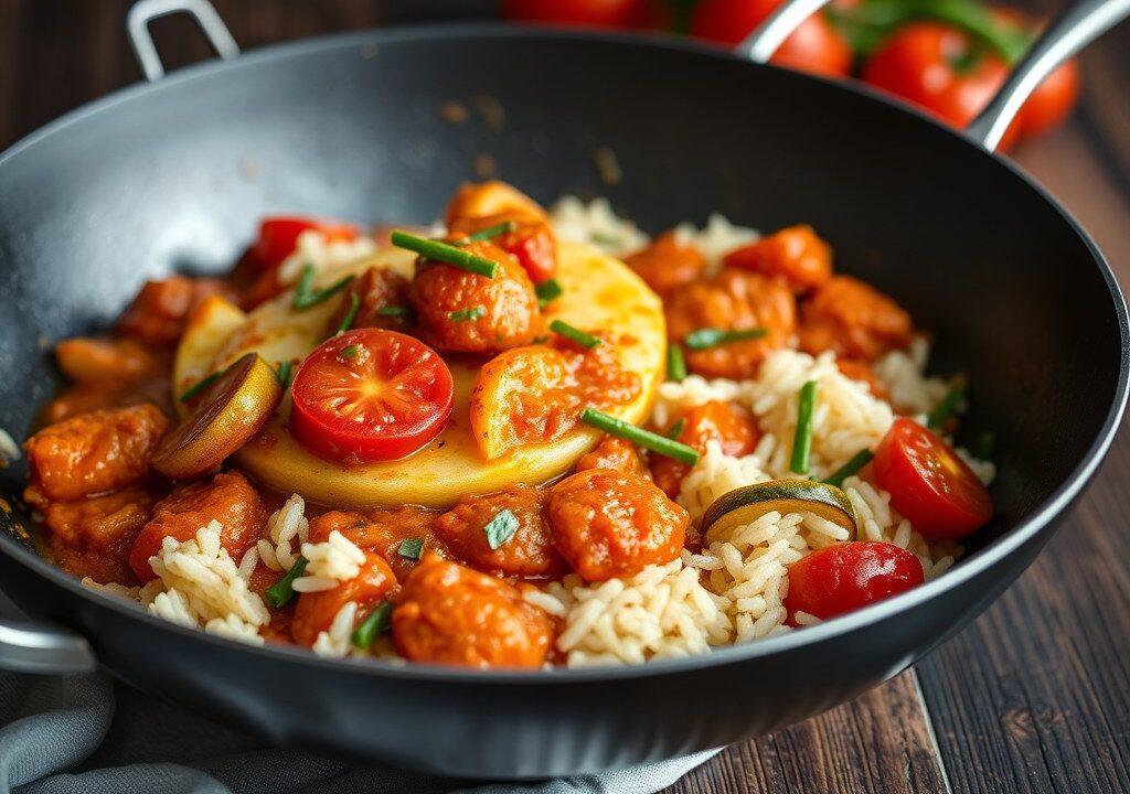 Flan van tongfilet en courgette met kruidige tomatensaus en rijst, AI-gegenereerde illustratie