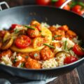 Flan van tongfilet en courgette met kruidige tomatensaus en rijst