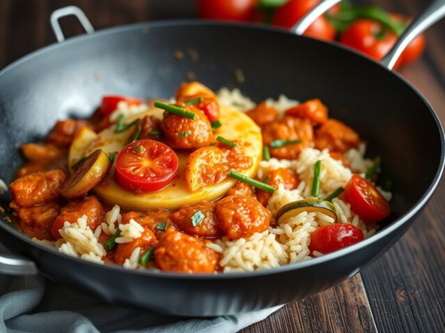 Flan van tongfilet en courgette met kruidige tomatensaus en rijst — AI-gegenereerde illustratie