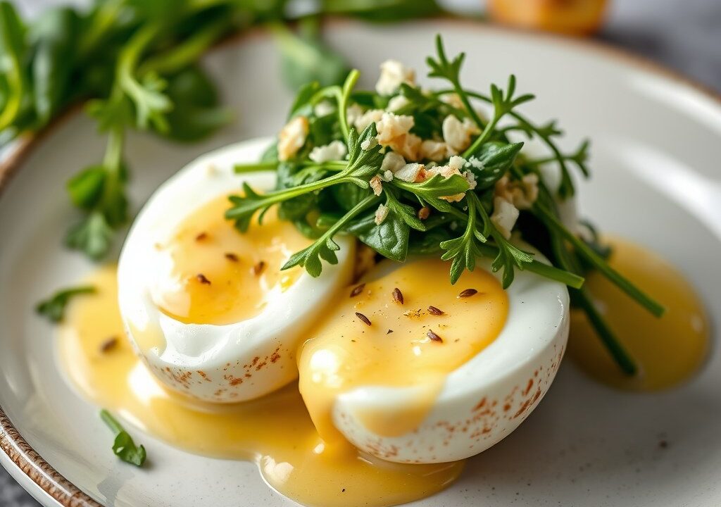 Florentijnse Eieren en Florentijnse Eieren met Mornay Saus, AI-gegenereerde illustratie