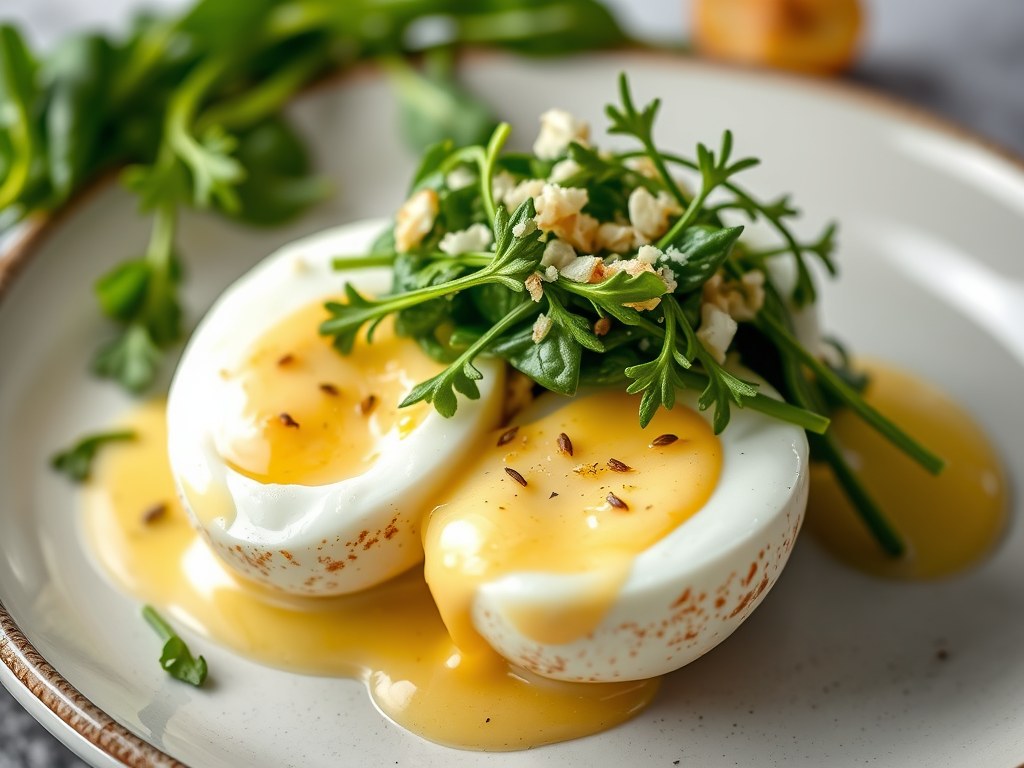 Florentijnse Eieren en Florentijnse Eieren met Mornay Saus, AI-gegenereerde illustratie