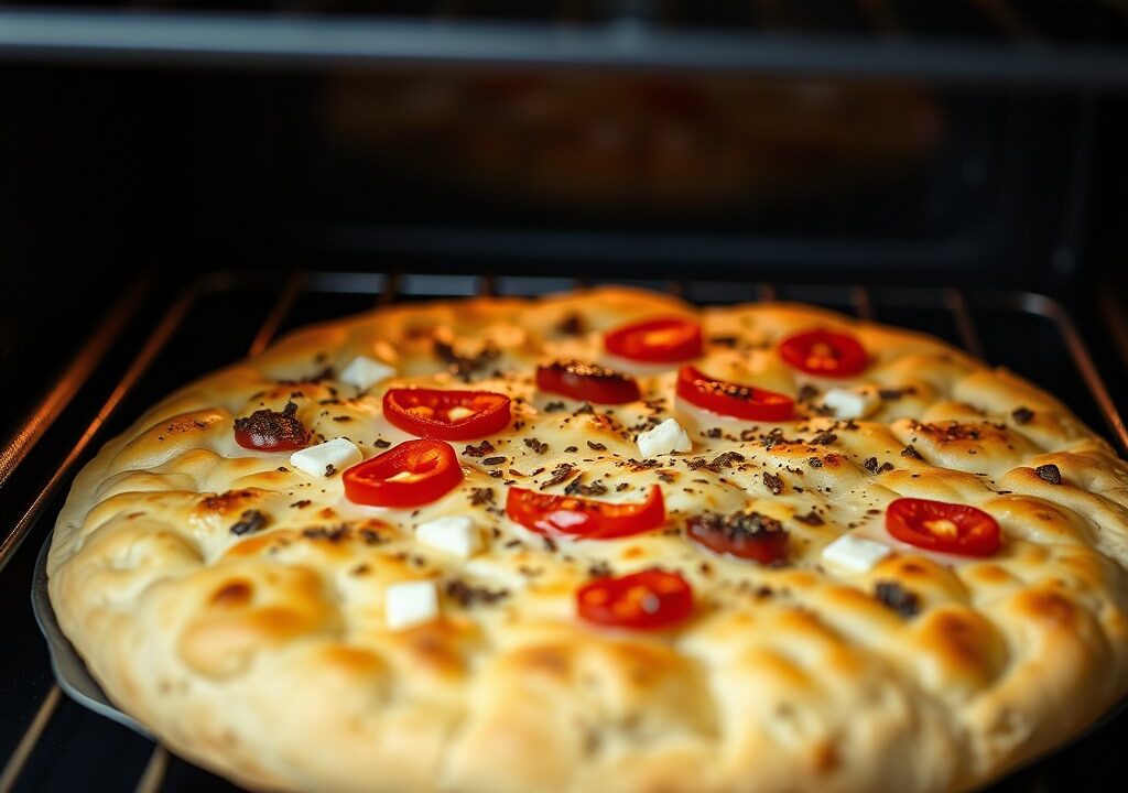 Focaccia in de oven, AI-gegenereerde illustratie