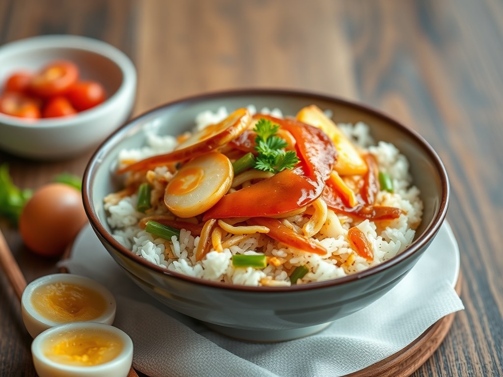 Foe Yong Hai met rijst en saus, AI-gegenereerde illustratie