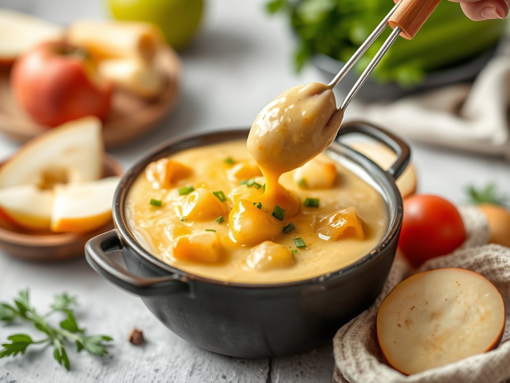 Fondue met hervekaas en fijne groenten, AI-gegenereerde illustratie