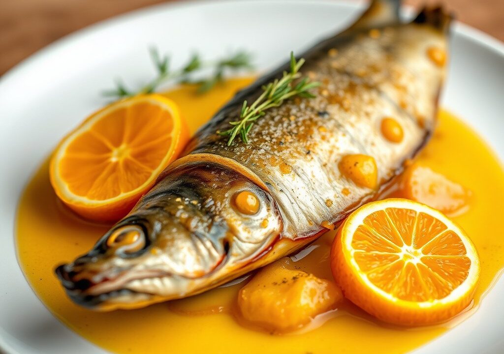 Forel met kerrie-sinaasappelboter — AI-gegenereerde illustratie