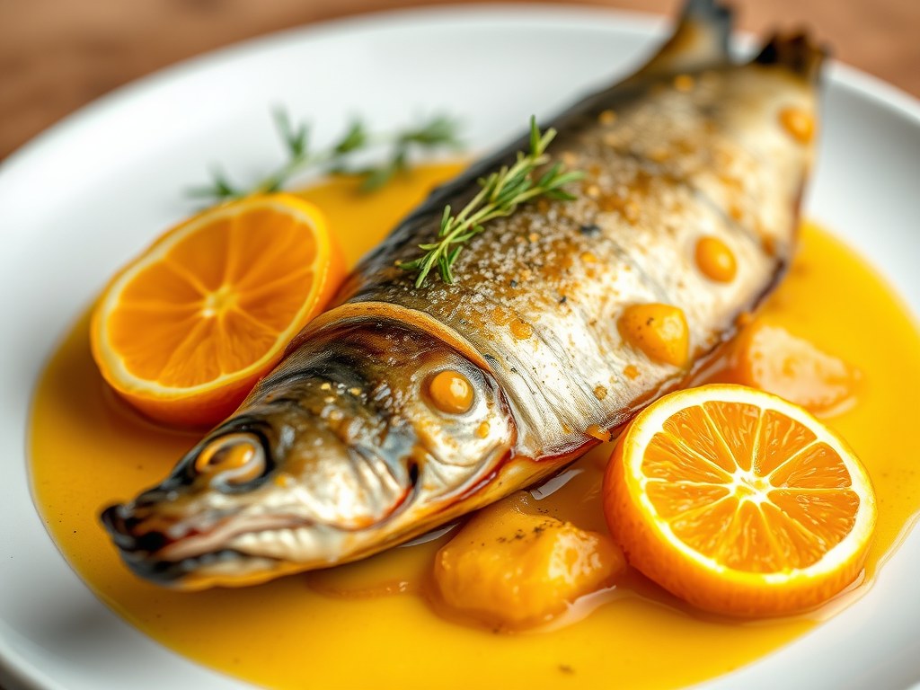 Forel met kerrie-sinaasappelboter, AI-gegenereerde illustratie