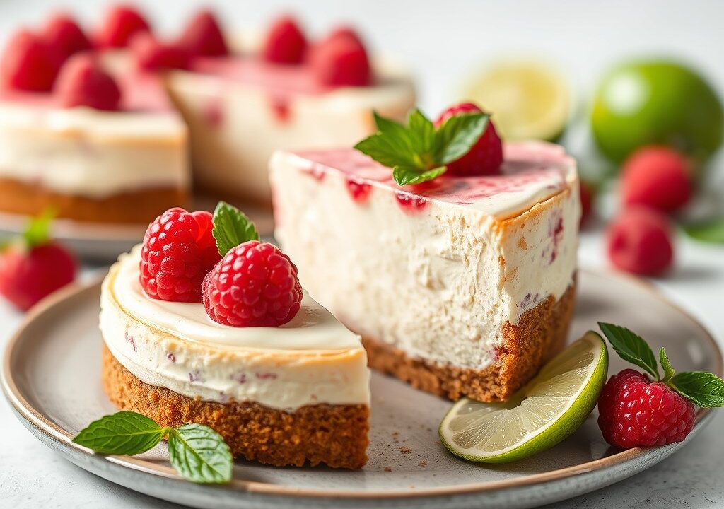 Frambozen-limoen cheesecake — AI-gegenereerde illustratie
