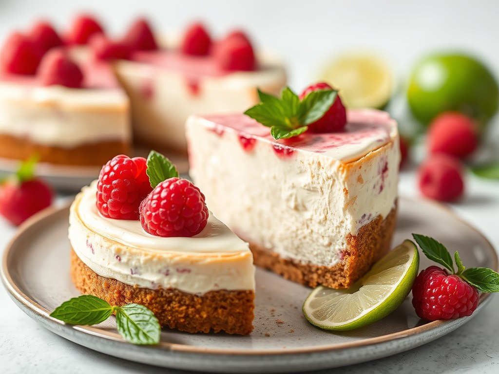 Frambozen-limoen cheesecake, AI-gegenereerde illustratie
