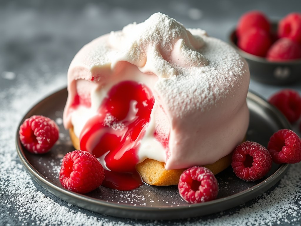 Frambozenmousse met notenkoekjes, AI-gegenereerde illustratie
