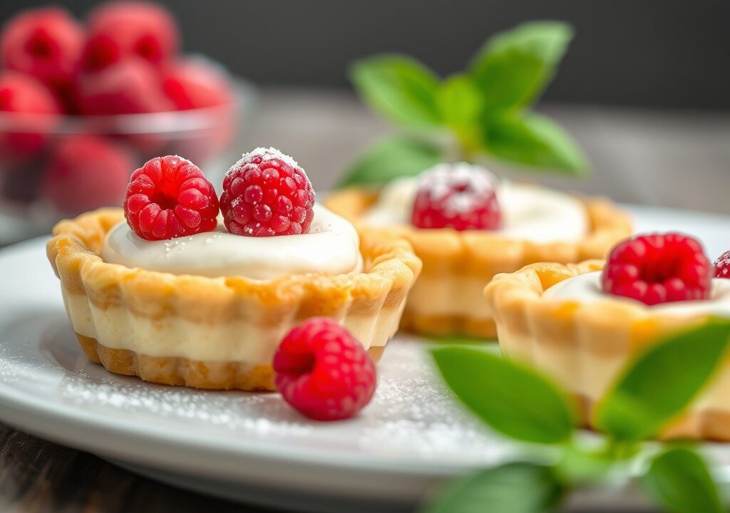 Frangipanetaartjes met frambozen en creme fraiche, AI-gegenereerde illustratie