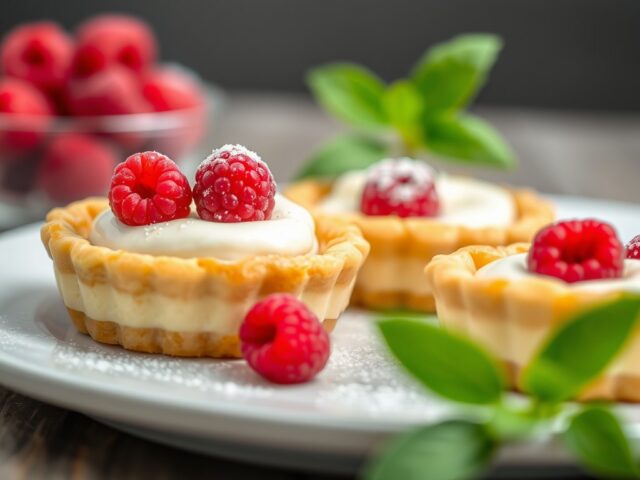 Frangipanetaartjes met frambozen en creme fraiche — AI-gegenereerde illustratie
