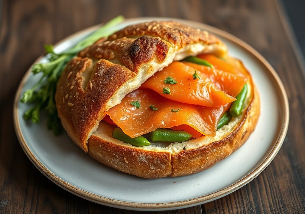 Franse boule gevuld met gerookte zalm, AI-gegenereerde illustratie
