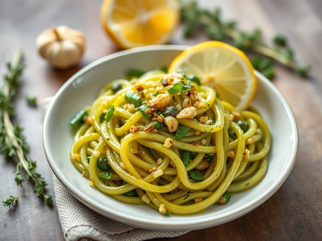 Fregula met Groene Asperges en Citroen, AI-gegenereerde illustratie