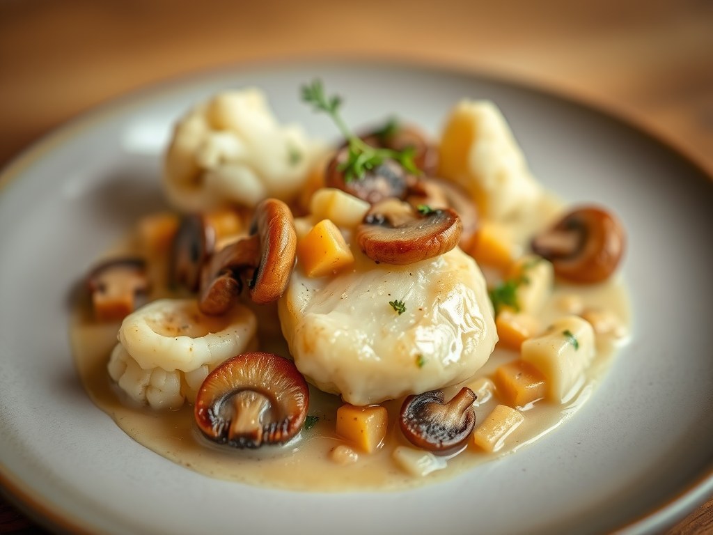 Fricassee met witbier, bloemkool, champignons en krieltjes, AI-gegenereerde illustratie