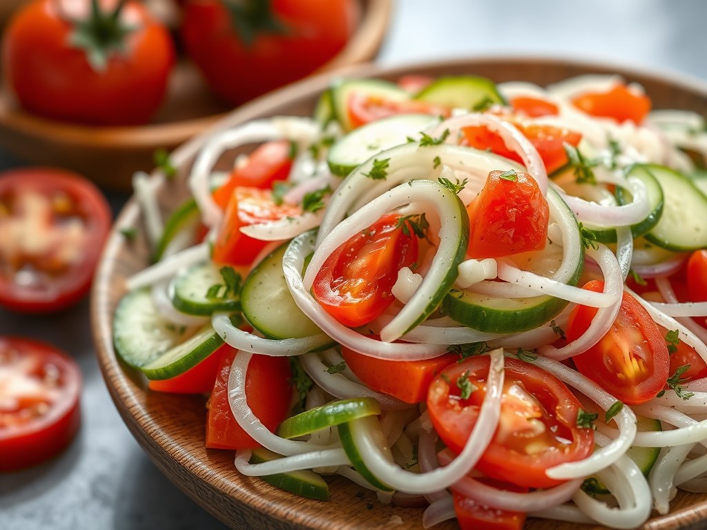 Frisse komkommer- tomaat- ui salade, AI-gegenereerde illustratie