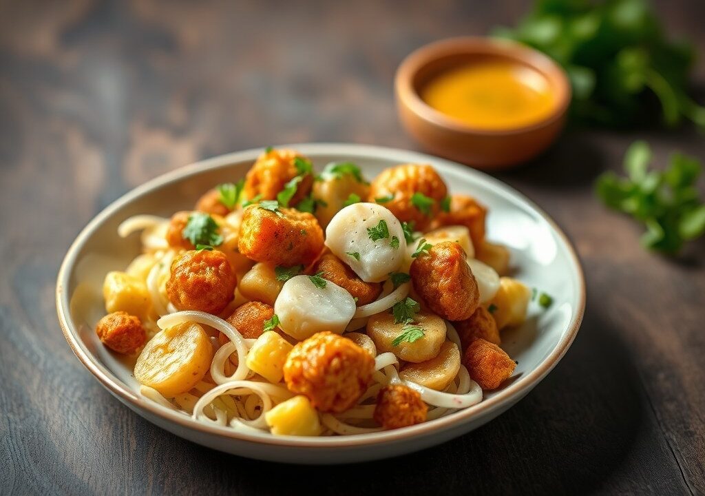 Frisse salade van gebakken rog, pijnboompitjes, korstjes en curryvinaigrette, AI-gegenereerde illustratie