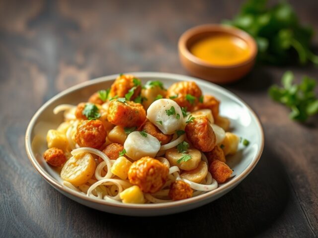 Frisse salade van gebakken rog, pijnboompitjes, korstjes en curryvinaigrette — AI-gegenereerde illustratie