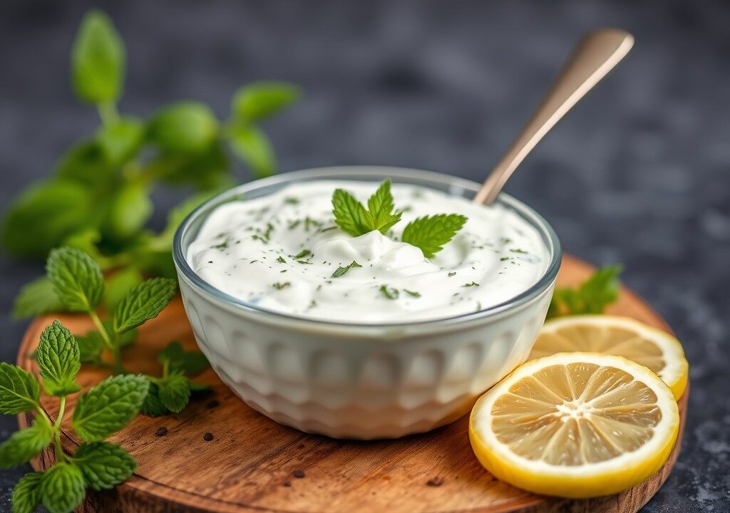 Frisse tzatziki, AI-gegenereerde illustratie