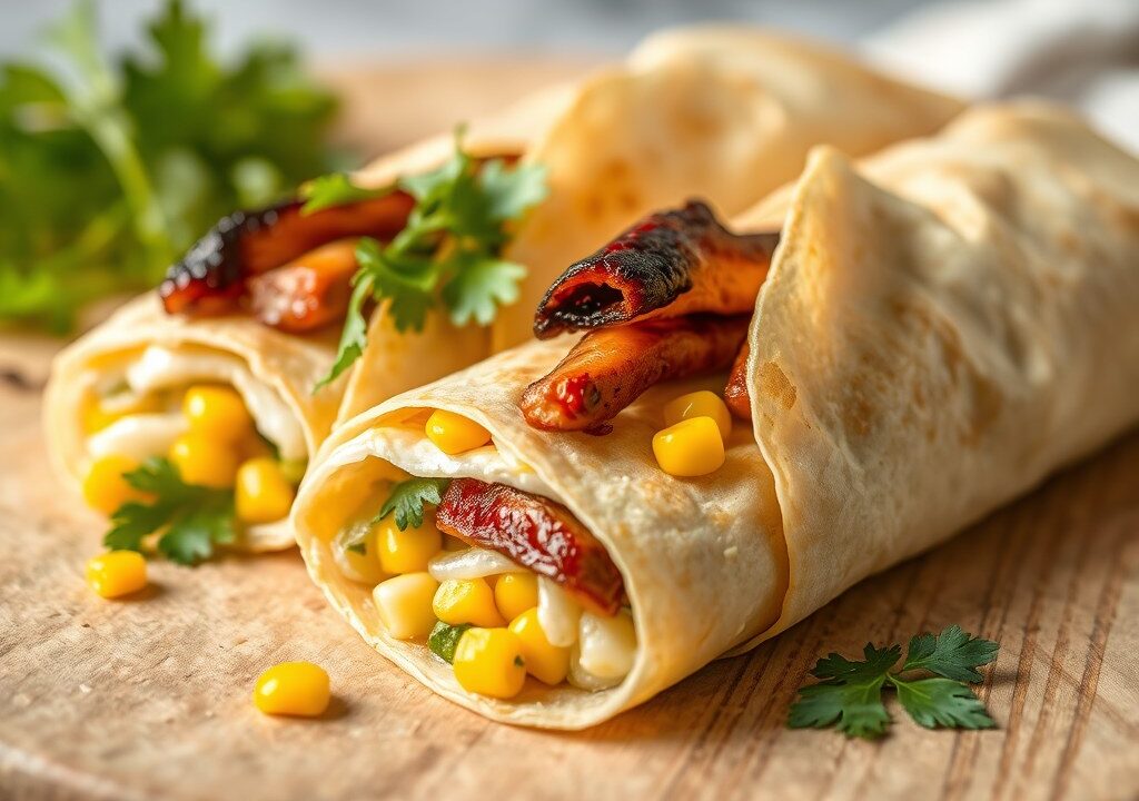 Frisse wraps met verse prei, mais en gerookte forel, AI-gegenereerde illustratie