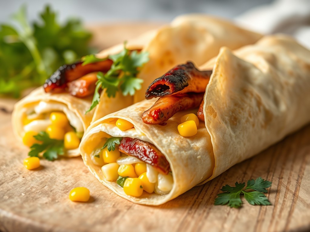 Frisse wraps met verse prei, mais en gerookte forel, AI-gegenereerde illustratie
