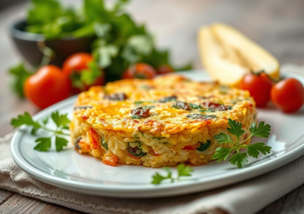Frittata met olijven, paprika en kerstomaatjes — AI-gegenereerde illustratie