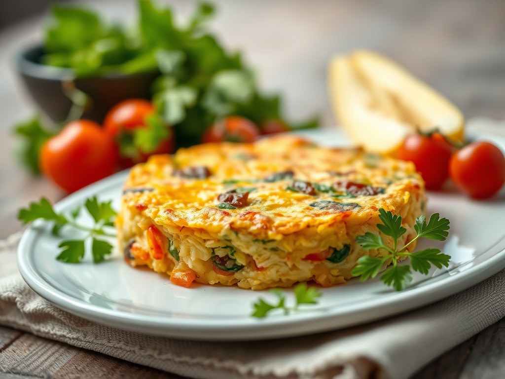 Frittata met olijven, paprika en kerstomaatjes, AI-gegenereerde illustratie
