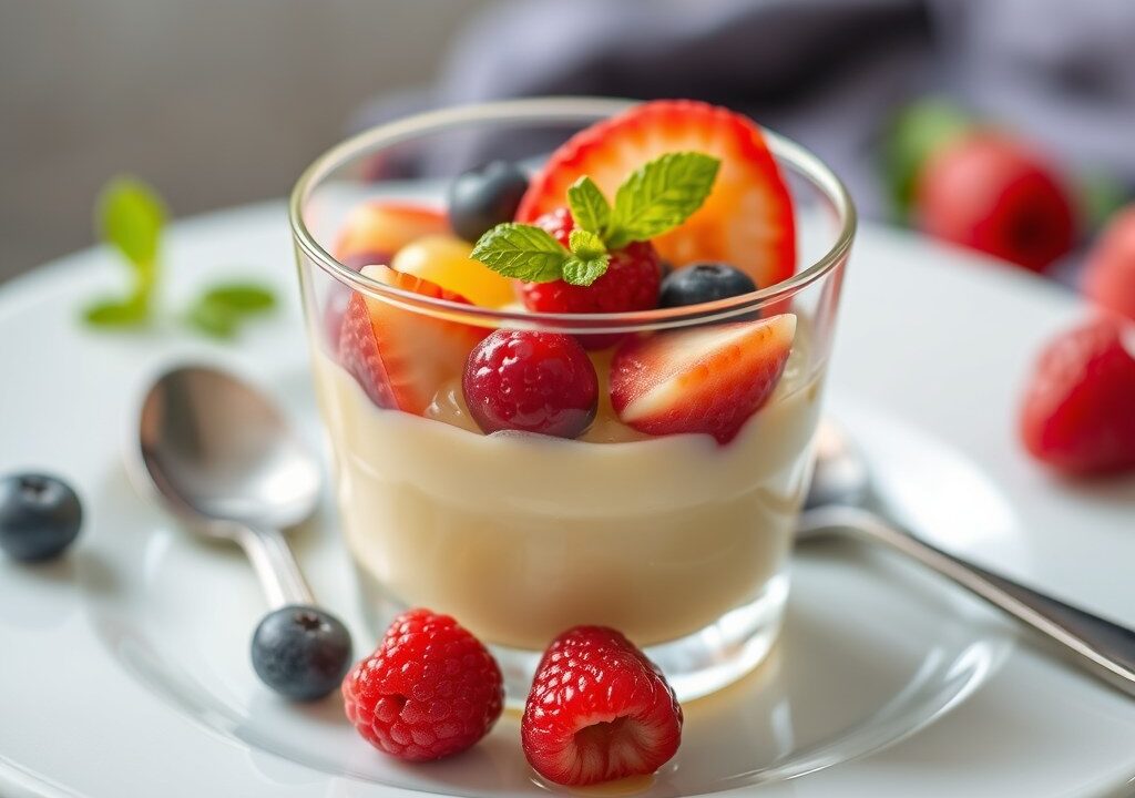 Fruit in Gelei Pudding — AI-gegenereerde illustratie