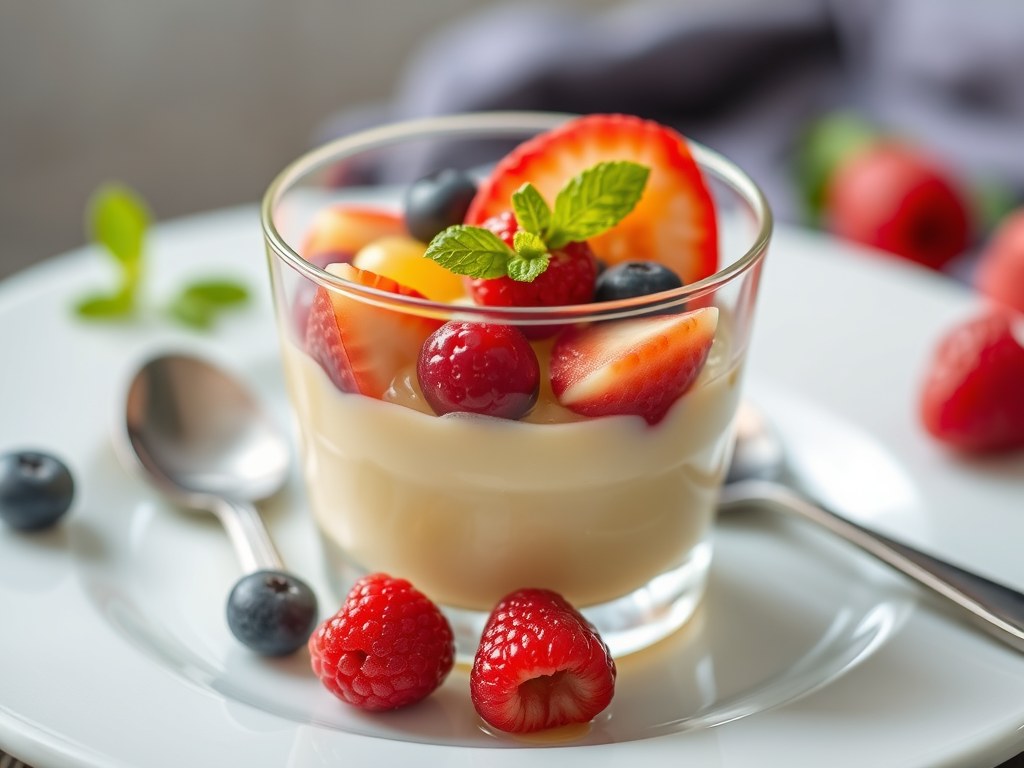 Fruit in Gelei Pudding, AI-gegenereerde illustratie