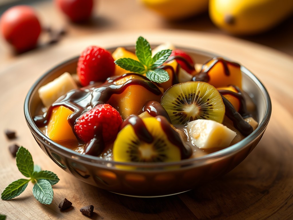 Fruit­sa­la­de met cho­co­la­de­saus, AI-gegenereerde illustratie