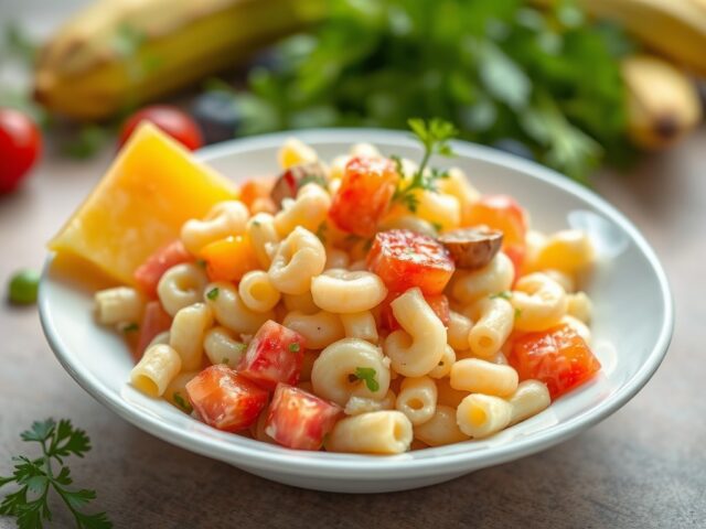 Fruitige macaroni salade — AI-gegenereerde illustratie