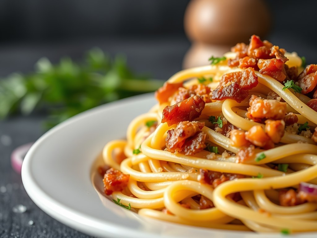 Fusilli met pancetta en ui, AI-gegenereerde illustratie