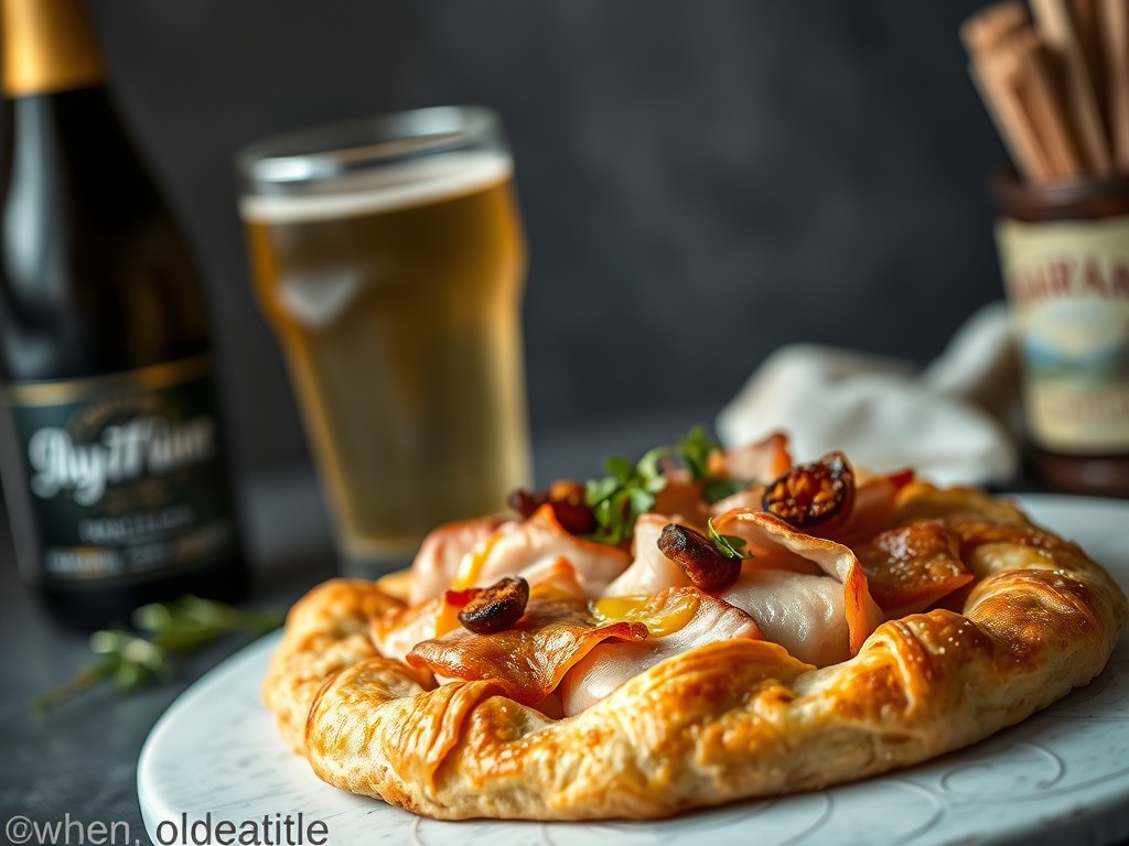Galette van pladijs en gekookte ham met raapjes en cider, AI-gegenereerde illustratie